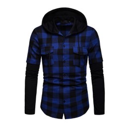 SKR024 custom-made hooded long-sleeve plaid shirt Men's fake two-piece shirt supplier SKR024 custom-made hooded long-sleeve plaid shirt Men's fake two-piece shirt supplier